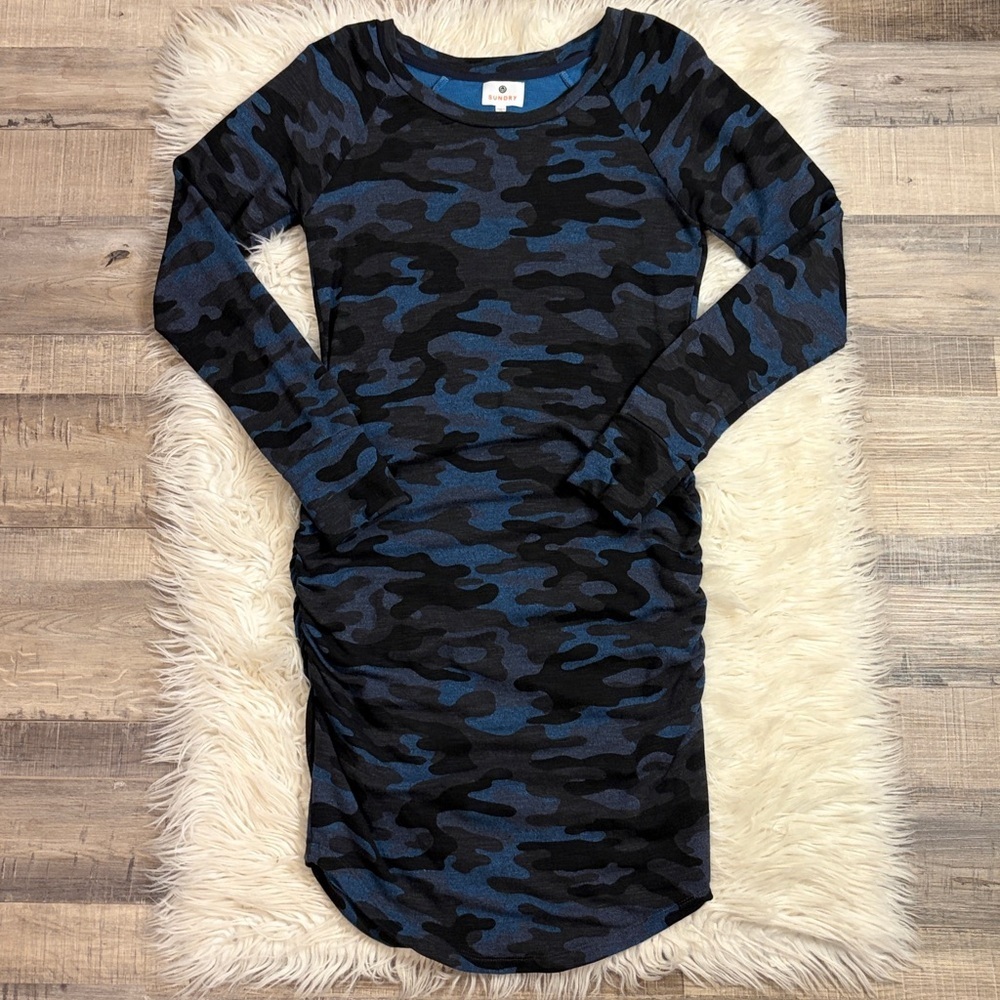 Sundry stretch ruched sweatshirt dress French terry backing blue camouflage XS - Picture 6 of 7